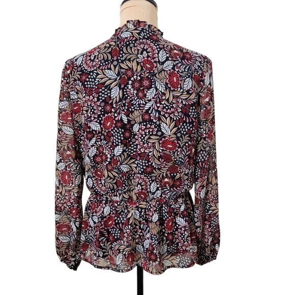 Liz Claiborne Size PS Navy Floral Blouse, Tie Waist, Faux Wrap, V Neck, NEW - Picture 4 of 13